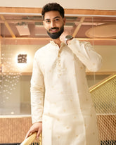 Men’s Heavy Designer Long Kurta Pajama – Cream Embroidered - Jaipuri Crown
